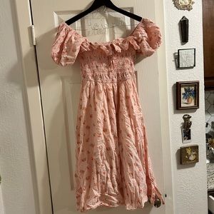 R. Vivimos pink floral dress ruffle off the shoulder cottagecore gather smocked
